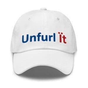 White baseball cap with "Unfurl it" embroidery
