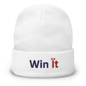 Close-up top of a white knit beanie