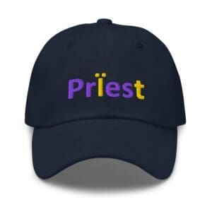 Navy baseball cap embroidered with "Priest"