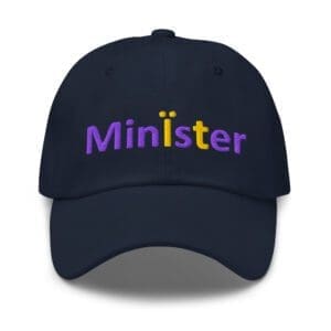 Navy baseball cap embroidered with "Minister"