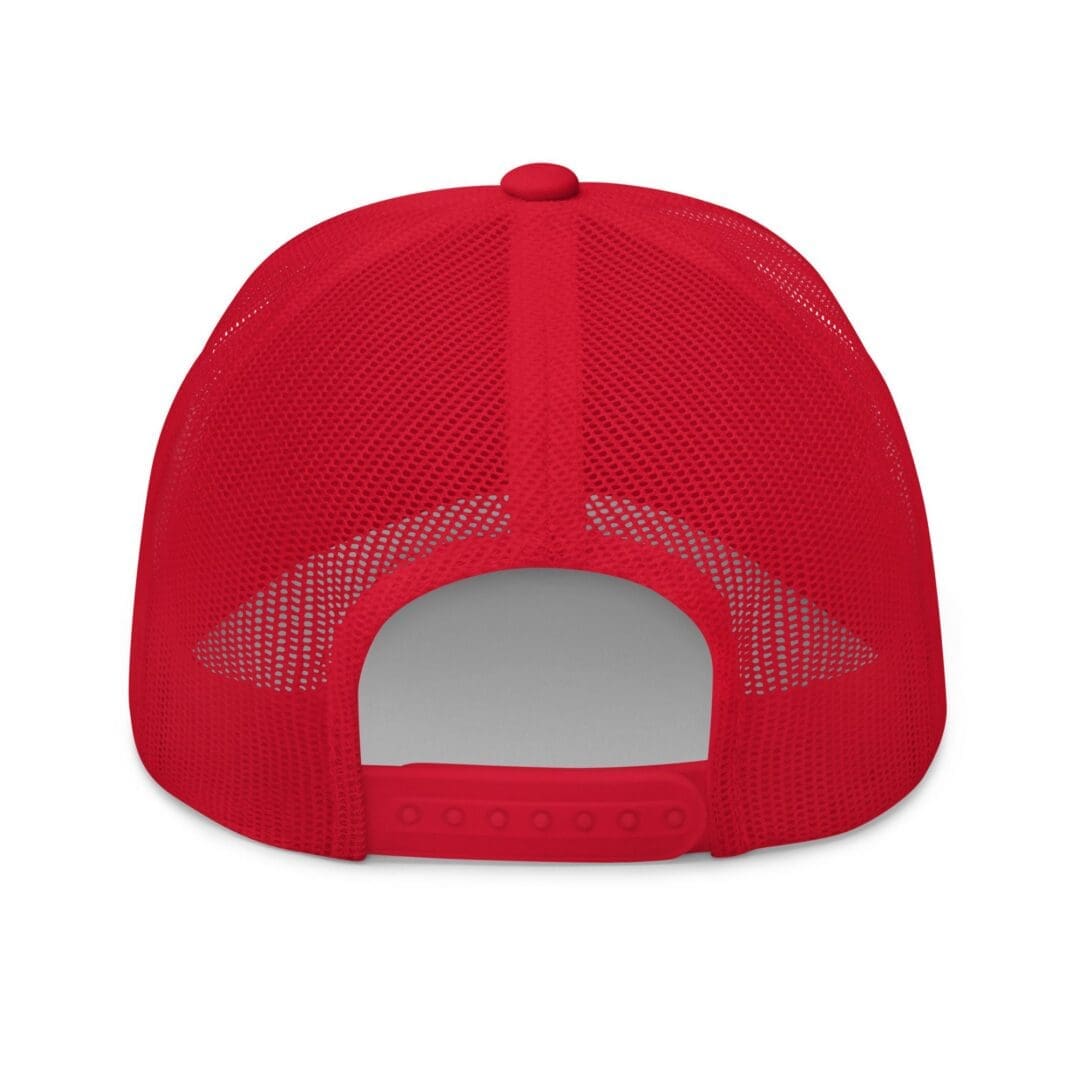 Back of red mesh snapback cap