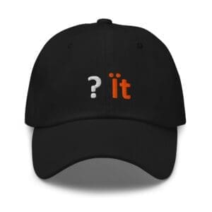 Black cap with white question and orange 'it'