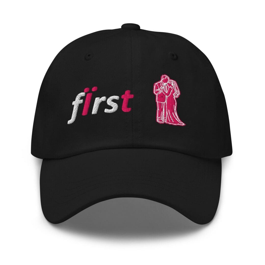 Black cap with "first" and couple embroidery