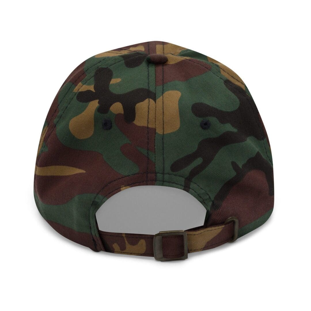 Back of camouflage baseball cap with strap