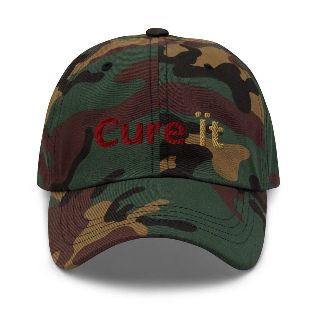 Camo baseball cap with red embroidered text
