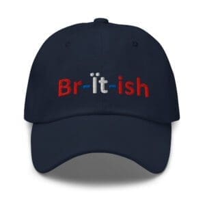 Navy cap embroidered with red white blue text