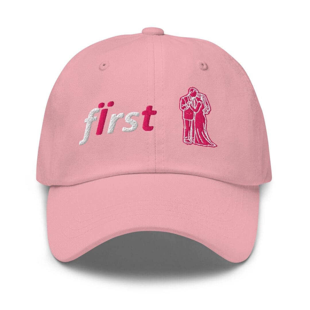 Pink baseball cap with embroidered couple