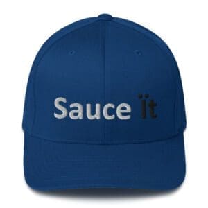 Blue baseball hat embroidered with "Sauce it"