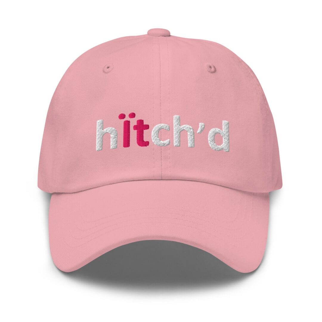 Close-up of pink hat top 'hitch'd' embroidery
