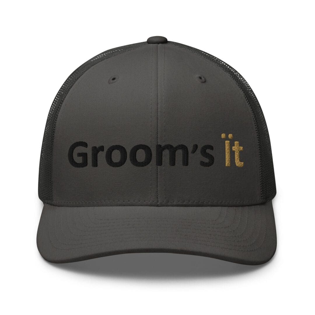 Dark gray trucker hat with embroidered text