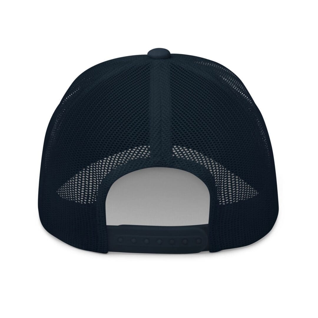 Back view of navy mesh trucker cap