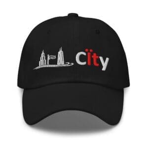 Black baseball cap embroidered with city skyline