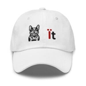 White cap with embroidered French bulldog