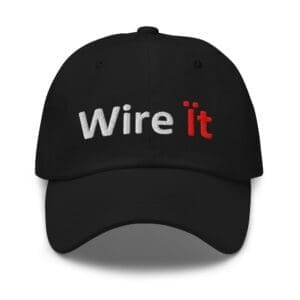 Black cap embroidered with "Wire it"