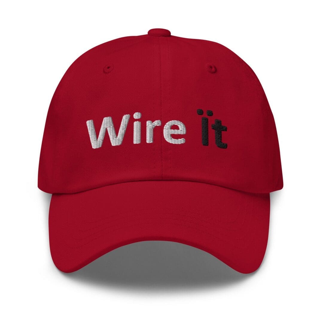 Red baseball hat with "Wire it" embroidery