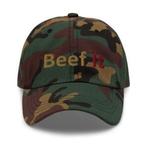 Camo dad hat with 'Beef it' embroidery