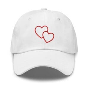 White baseball cap with two red hearts